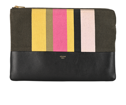 Celine Striped Zipped Pouch, &pound;175, Accessories, Black/Green/Pink/Yellow, Canvas/Leather, Front view